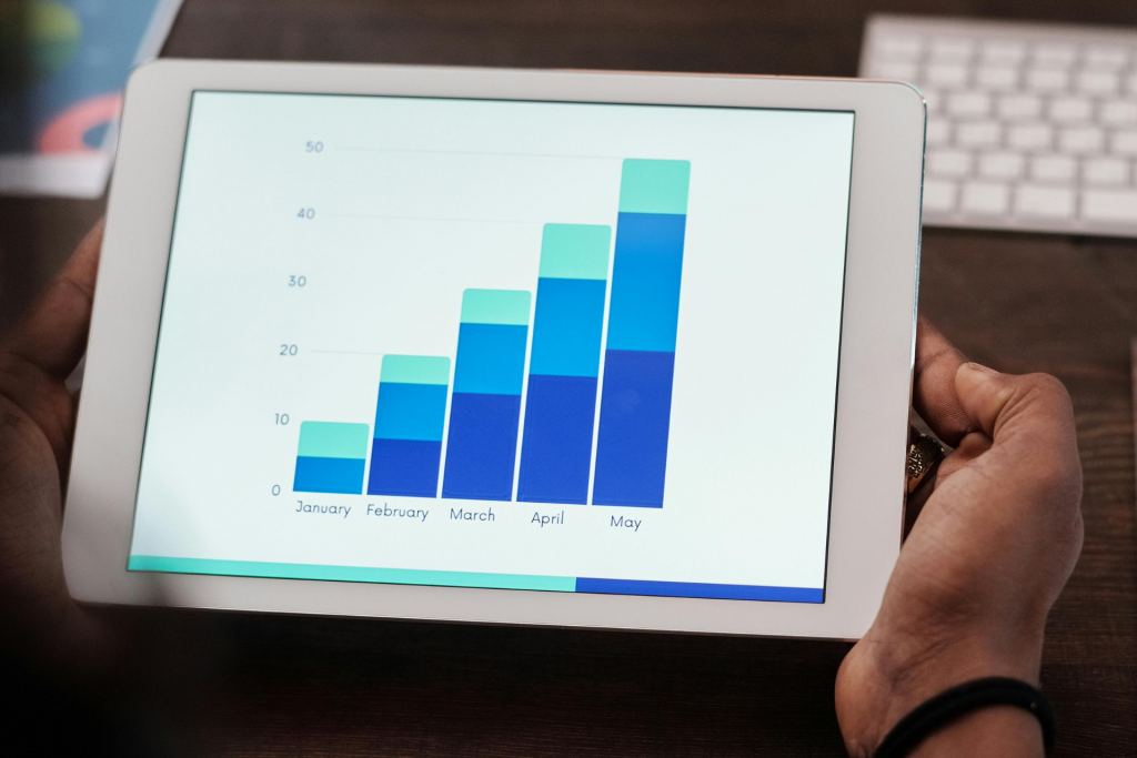 Two hands holding a tablet displaying various statistics.